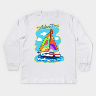 Adventure. Summer Travel in a boat with sails, Beautiful Sea, Sky, blue boat with sail illustration. Gifts for boy. Cartoon, cute ship Kids Long Sleeve T-Shirt